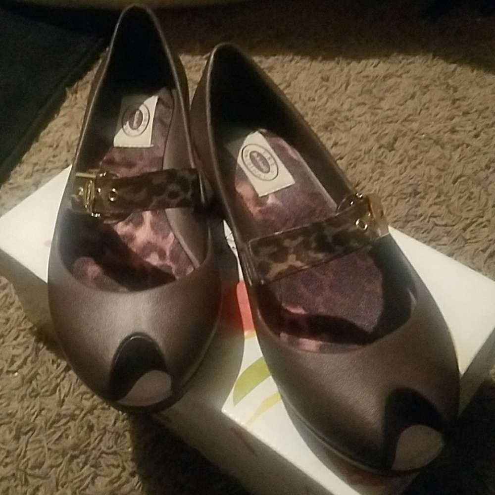 Brown open front shoes